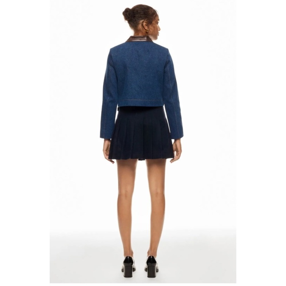 SANDRO Denim Jacket Leather Collar Cropped Button Front Blue Sz 40 FR / 8 US - Picture 4 of 16
